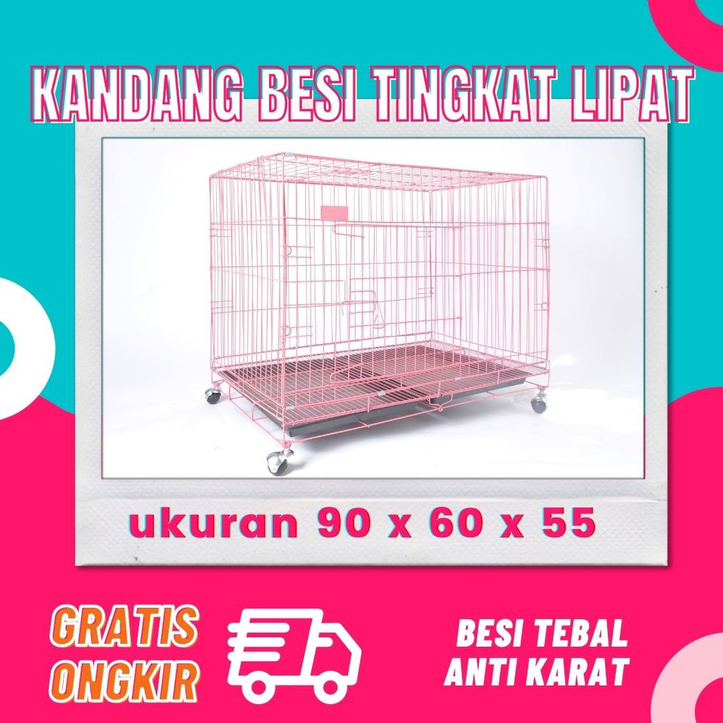 Kandang Kucing Anjing Size XL - Besi Lipat Ukuran 90x60x55cm TINGKAT + RODA Jumbo