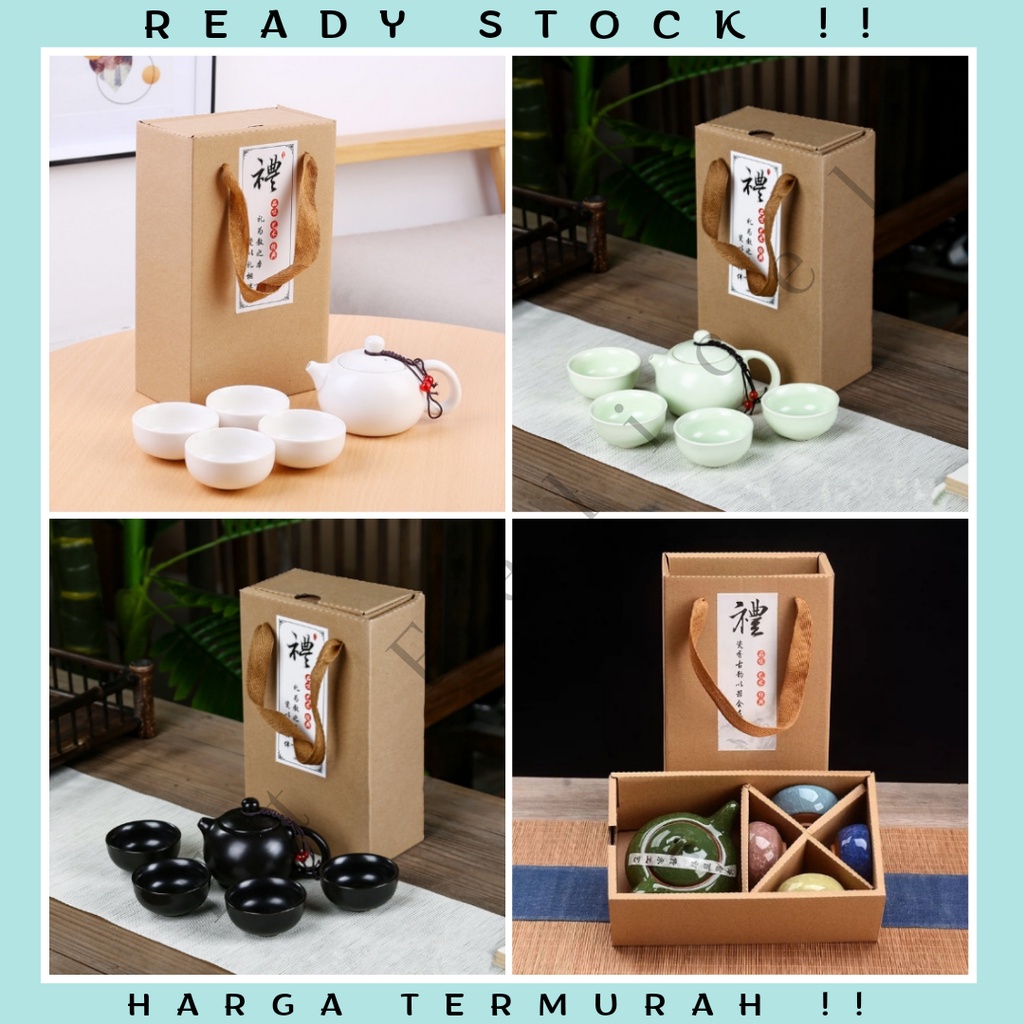 Tea Set Ice Cracked Glaze / Teko Cangkir Keramik Peralatan Minum Teh Hampers Kado Hadiah Souvenir Gift Box