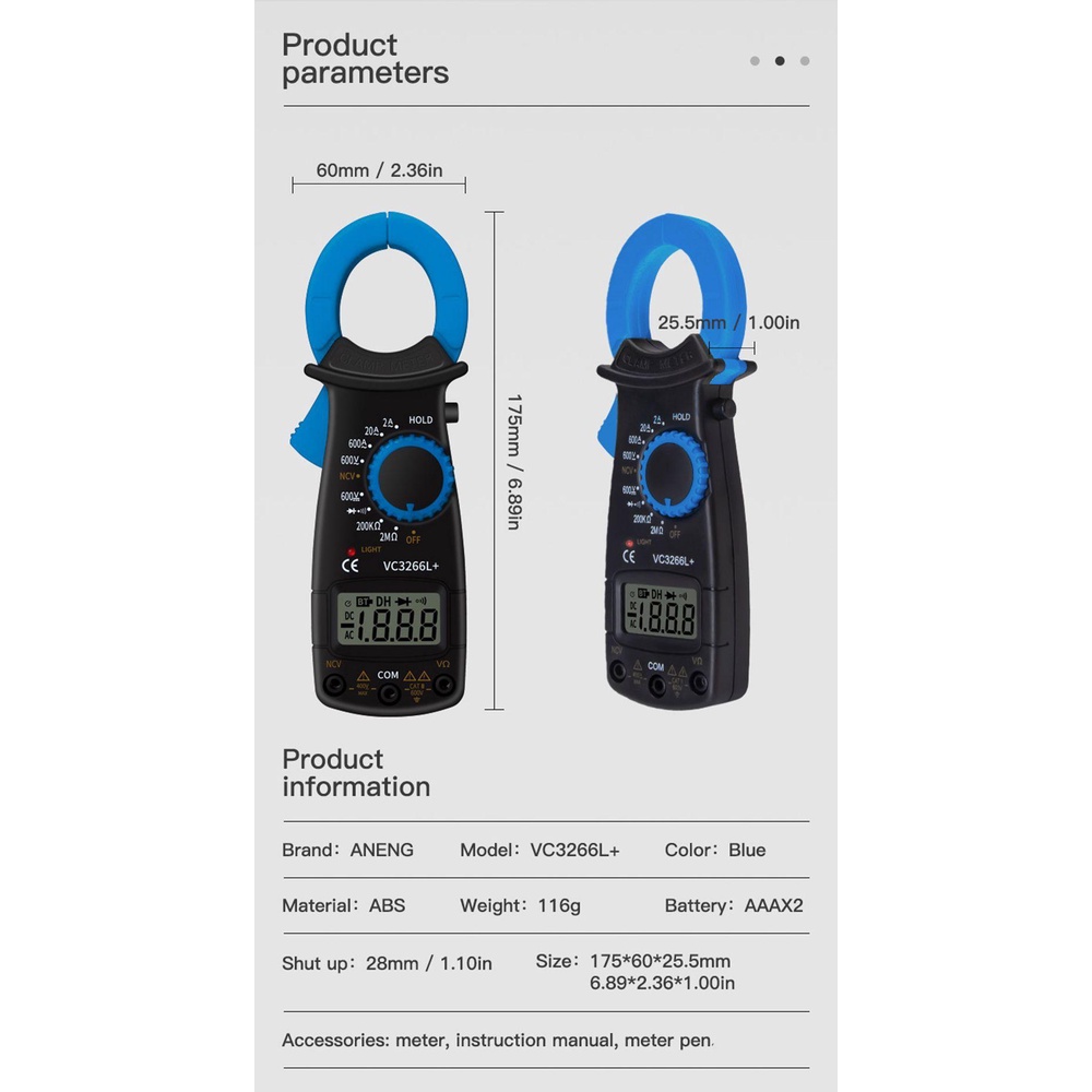 Solighter Digital Clamp Meter ANENG VC3266L+True RMS Temp phm Tester Arus Listrik