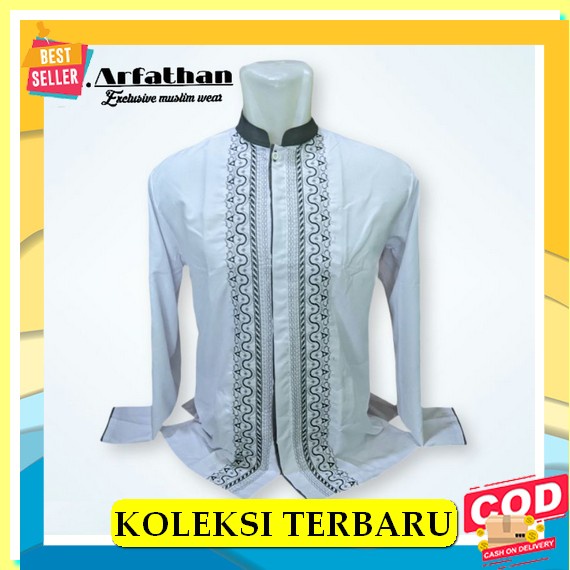 New Baju Koko Muslim Pria Dewasa Keren Model Terbaru 2022 Lebaran Kombinasi Motif Bordir Lengan Pend