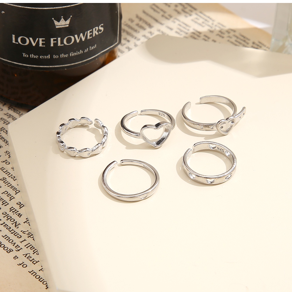 AY(CN) 5pcs / Set Cincin Silver Desain Hati Hollow Gaya Korea Untuk Wanita