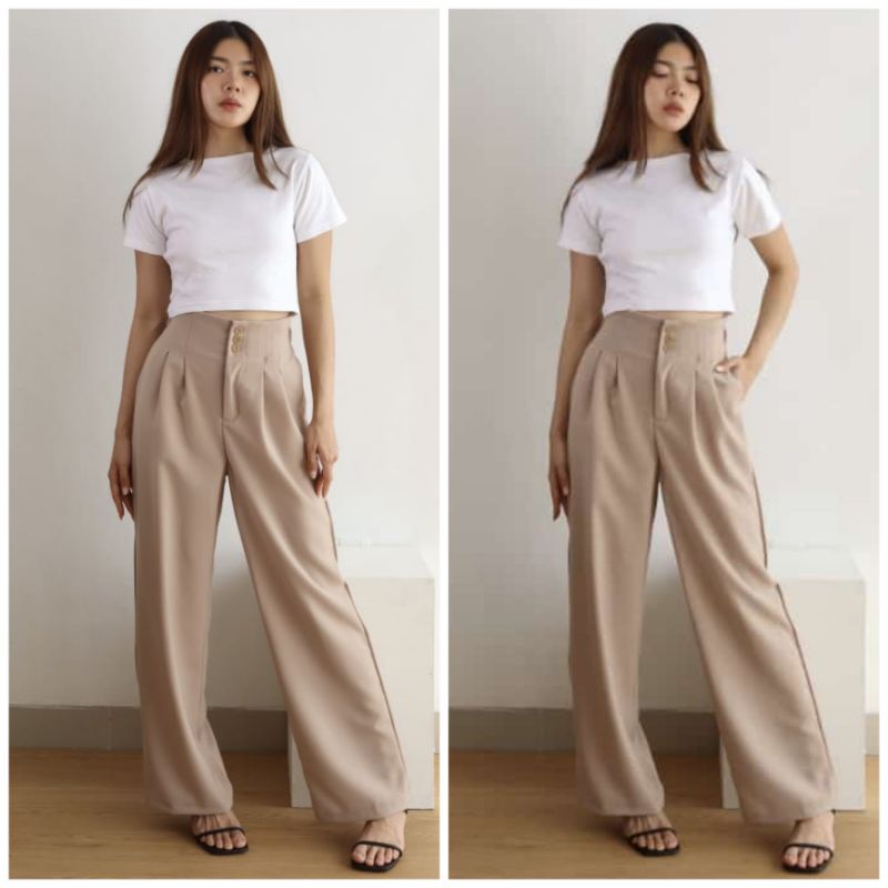 ⚡️CLEARANCE SALE ♡ PREMIUM ♡ ORIGINAL ! CANTAYA HIGH WAIST PLAIN BUTTON LONG CULLOTE  PANTS / CELANA KULOT PANJANG