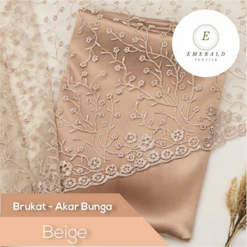 SETENGAH METER Kain Brokat Tile Prancis Bahan Kebaya Motif Akar Bunga - Beige/Khaky ( HARGA PER 50cm KAIN )