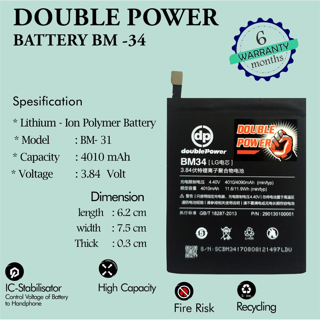 Battery Double Power Baterai Xiaomi Mi Note / Note pro BM34 4000mah