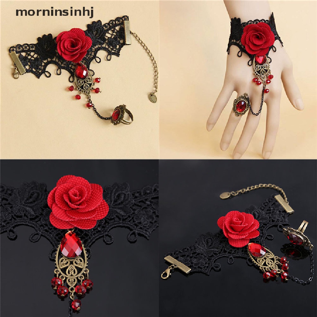 Mornin Gelang Lace Bunga Mawar Merah Gothic Elegan Adjustable Untuk Wanita