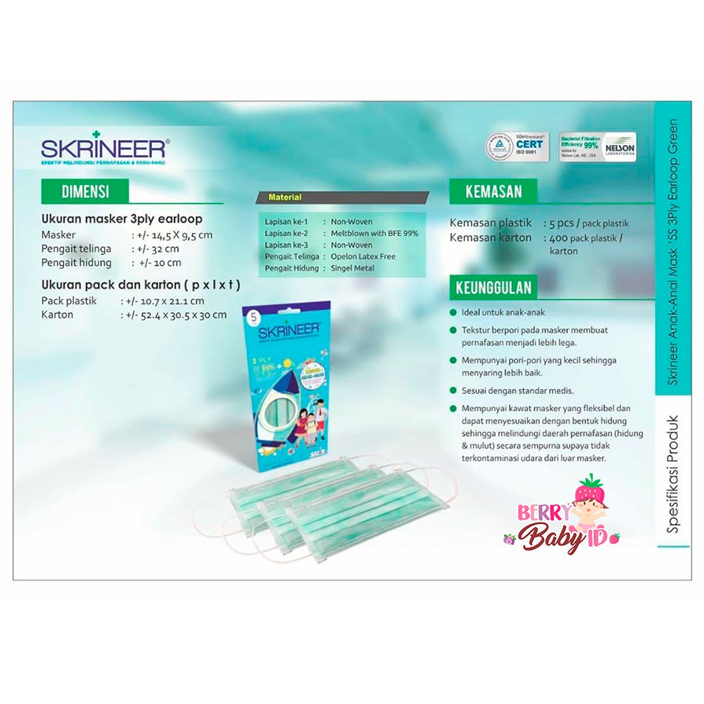 Skrineer Masker Anak 3 Ply Earloop Isi 5 Pcs Masker Medis Multifungsi Berry Mart