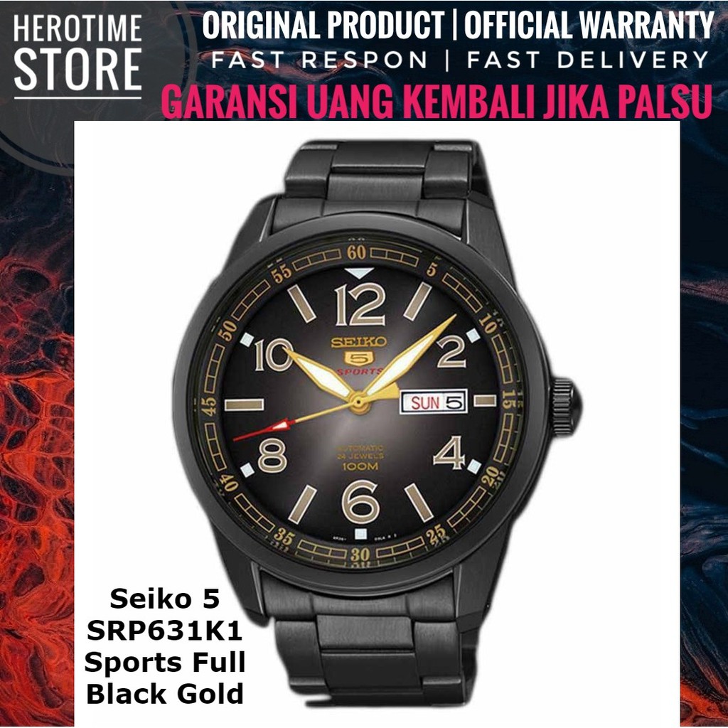 Jam Tangan Seiko 5 SRP631K1 Sports Full Black Gold Garansi Resmi ORIGINAL