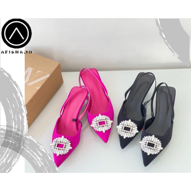 Sepatu Sandal Heels Zara Shimmery Slingback Mules Heels