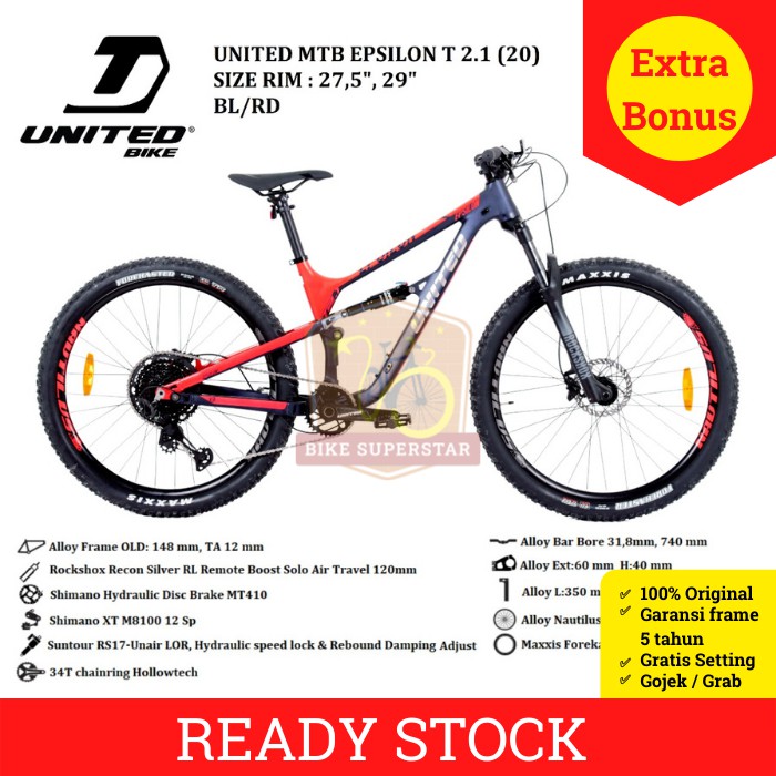 Sepeda Gunung MTB 29 Inch United Epsilon T2.1 Alloy 11 Speed Cakram Hidrolik Full Suspension