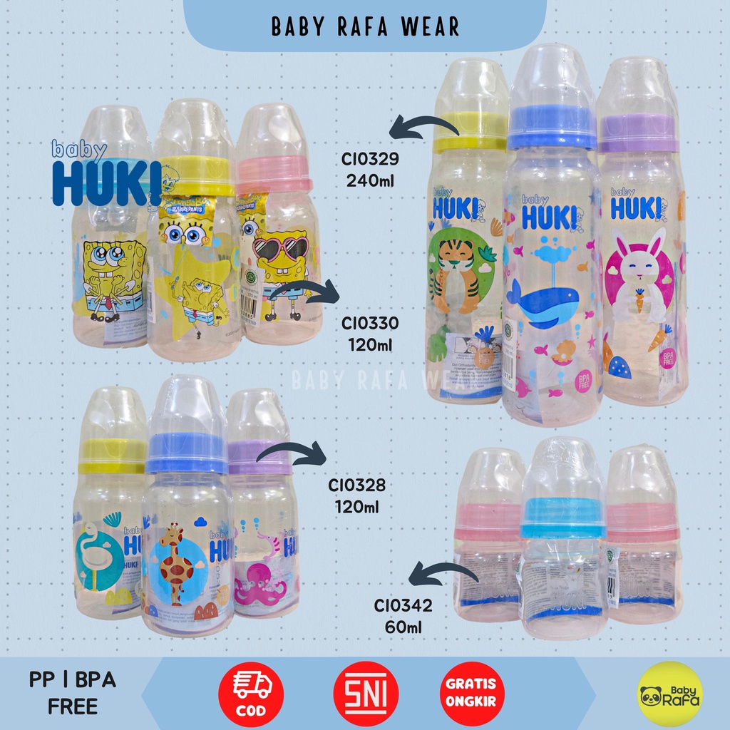 Baby Huki Botol Susu PP SP Round 60 ML 120 ML 240 ML Dot Gepeng Nipple Silicone Orthodontic