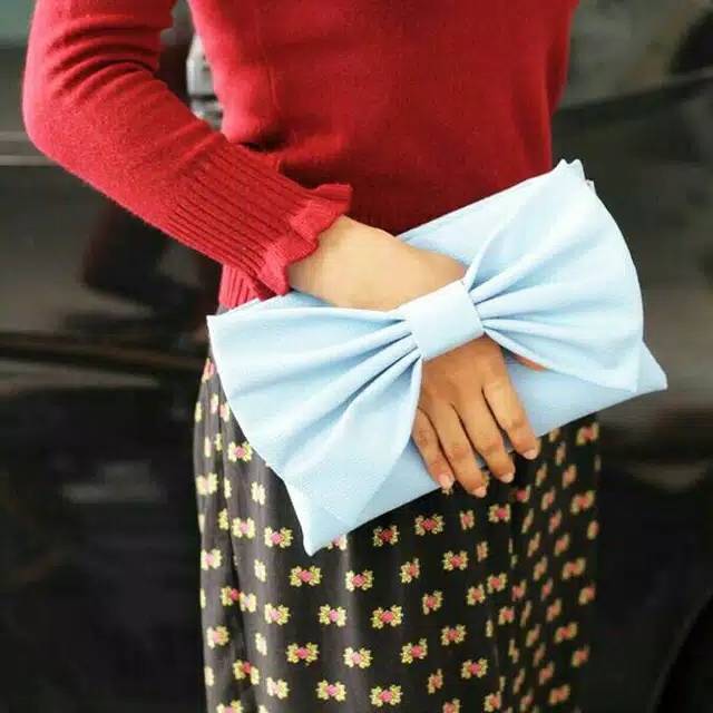 New Tas clutch biru muda hiasan pita besar