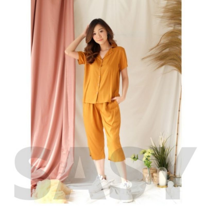 PIYAMA BAJU TIDUR DEWASA / RAYON / SET KEMEJA / SETELAN RAYON CELANA 7PER8 POLOS / SET BAJU WANITA