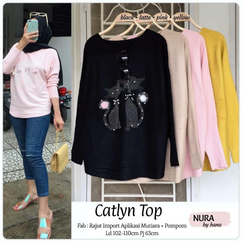 Catlyn Top Nura By Hana Rajut Import Aplikasi Mutiara + Pompom Ld 102-110cm Pj 63cm Jaladara Fashion
