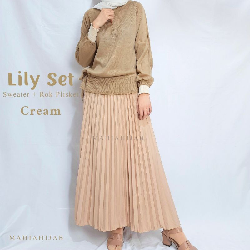 Lily One Set Sweater rajut + Rok Plisket | Setelan wanita rajut premium | Outfit muslim hijab