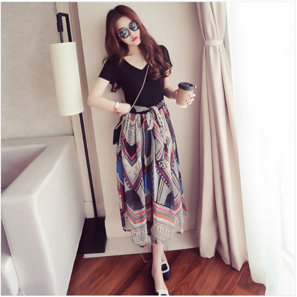 Dress Model Two Piece Palsu Motif Print Bahan Sifon Gaya Korea untuk Wanita