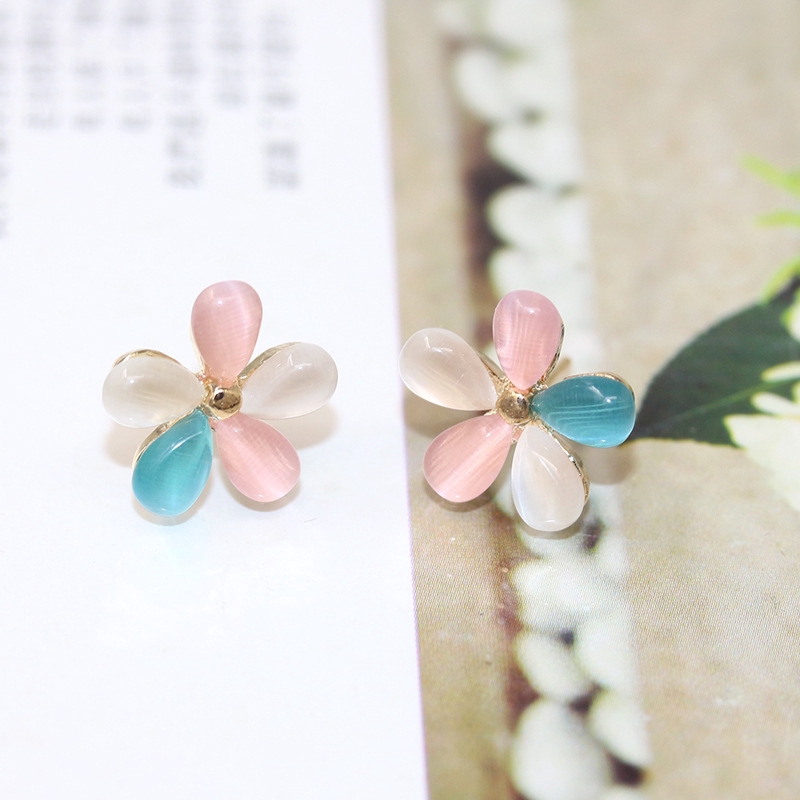 Anting Bunga opal Lucu Untuk Wanita Korea Lima Kelopak Kecil Aksesoris