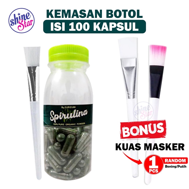 [PAKET 100 KAPSUL + KUAS] BY YURIZUMI Masker Spirulina Asli - Masker Wajah Spirulina Herbal Alami Isi 100 Kapsul + GRATIS KUAS MASKER 1 PCS