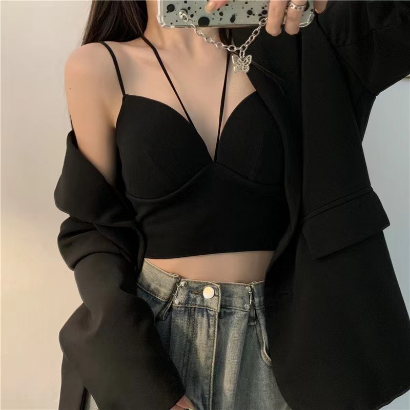 Women Bralette Crop Halter Tank Top Bra Wanita Dengan Tali Bagian Depan 2020