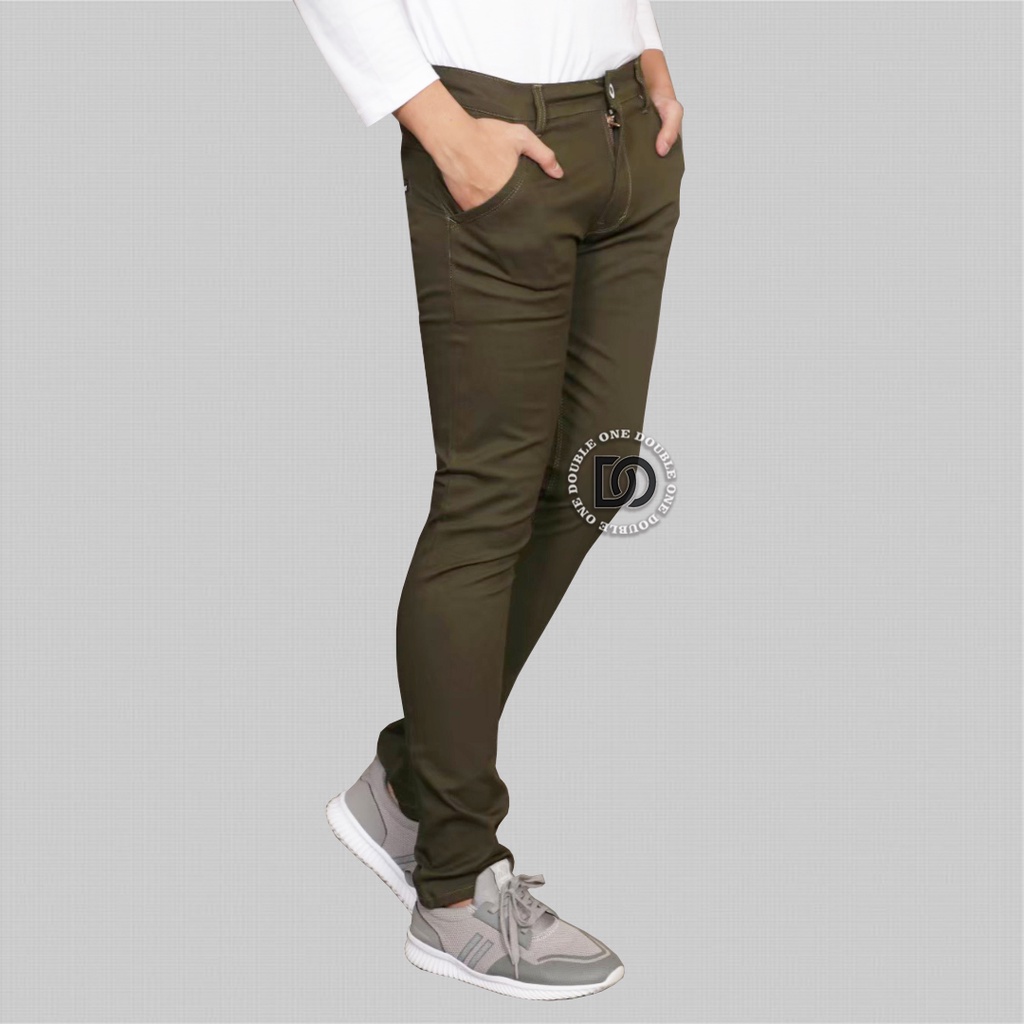 DOUBLE ONE - Celana Chino Panjang Original FIFTEEN DENIM / Chino Panjang Pria / Celana Chino Panjang Cowok / Chino Pants Kasual / Celana Panjang Pria Katun Stretch Hijau Army