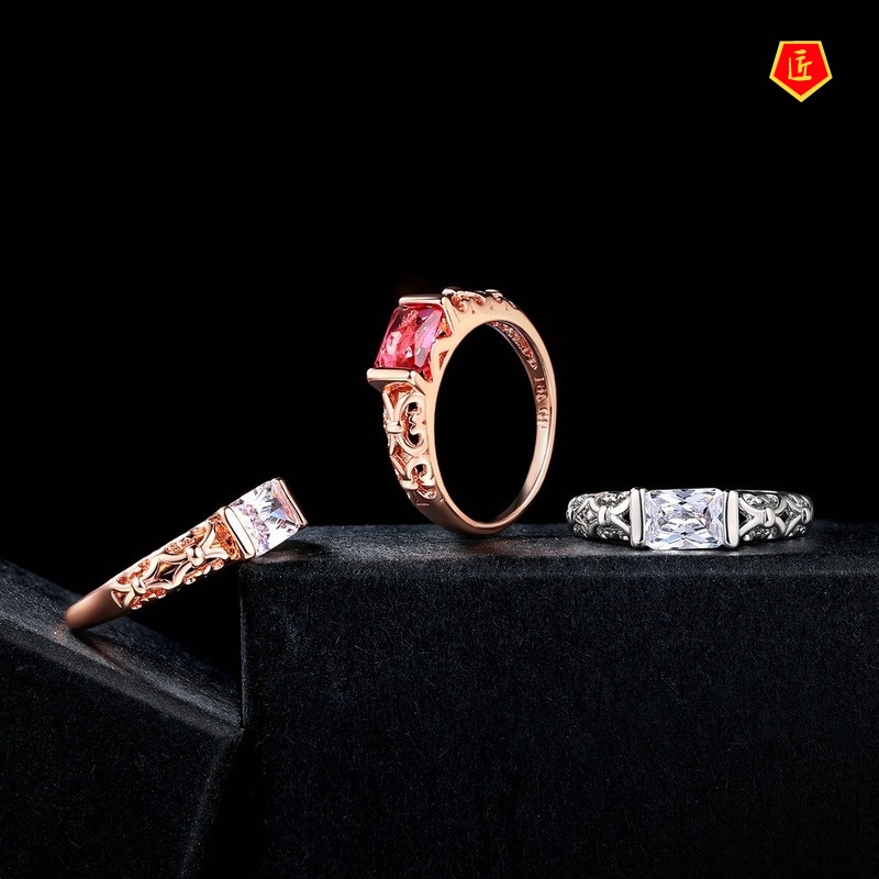 [Ready Stock]925 Silver Rose Gold Hollow Square Diamond Ring