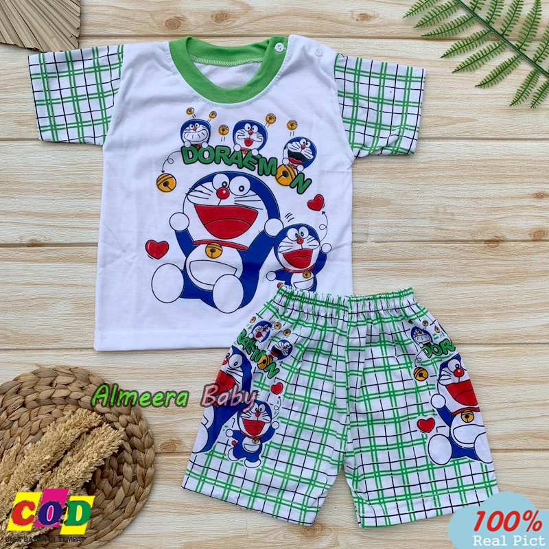 Setelan Baju Bayi Lengan Pendek Karakter Doraemon Usia 3-12 Bulan Almeera Baby and Kids