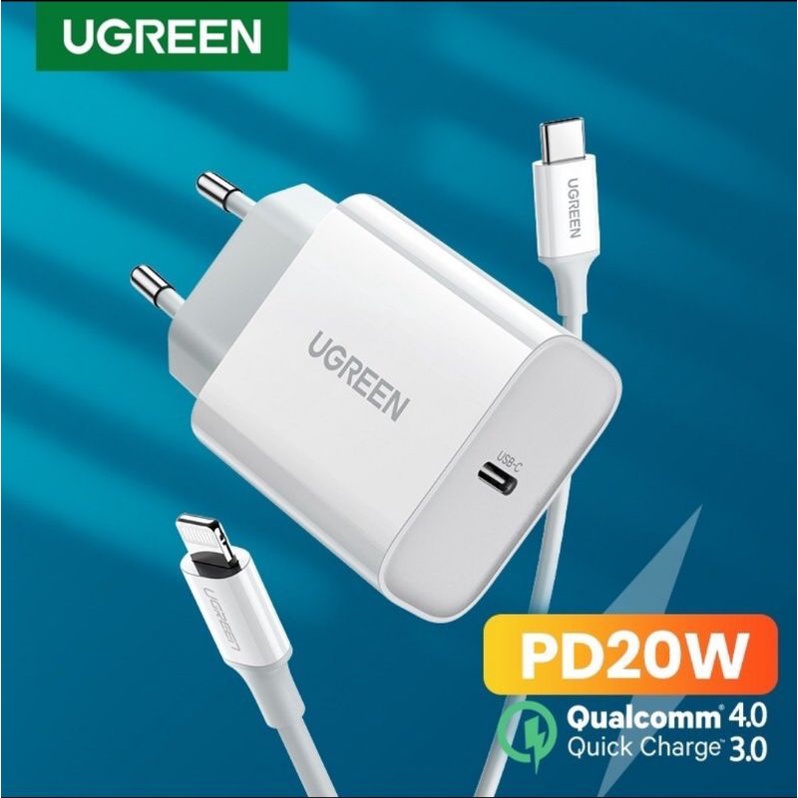 Charger Ugreen iPhone + Kabel Lightning Mfi - Ugreen Fast Charger iPhone 14 13 12 11 8 XR XS Original