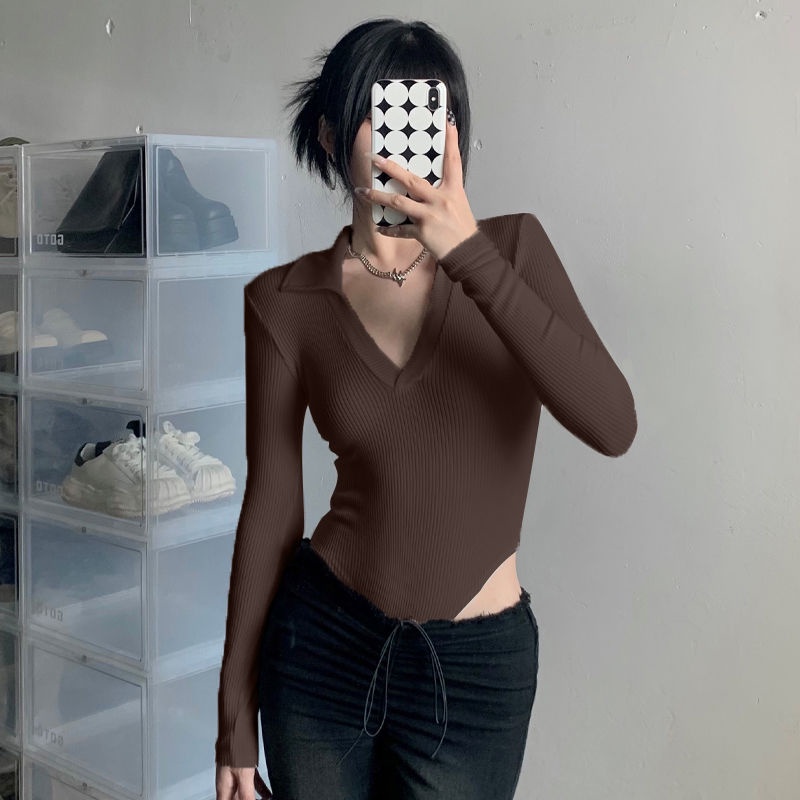 American retro warna solid jumpsuit lengan panjang V-neck berkualitas tinggi 2021 musim gugur baru h