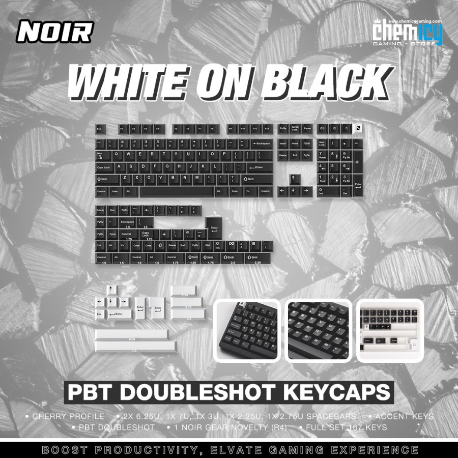 Noir White on Black PBT Double-shot Keycaps 167 Set Cherry Profile