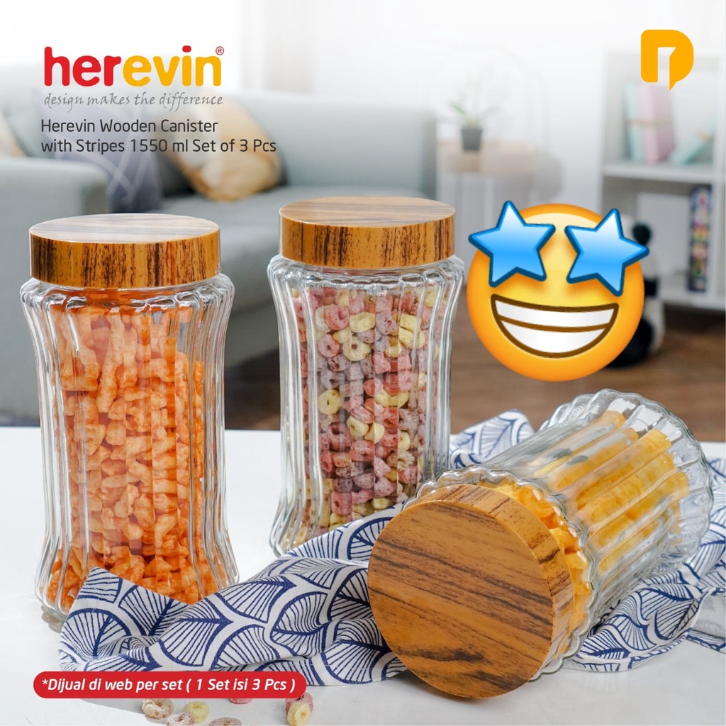 Herevin Wooden Canister with Stripes 1550 ml Set of 3 Pcs