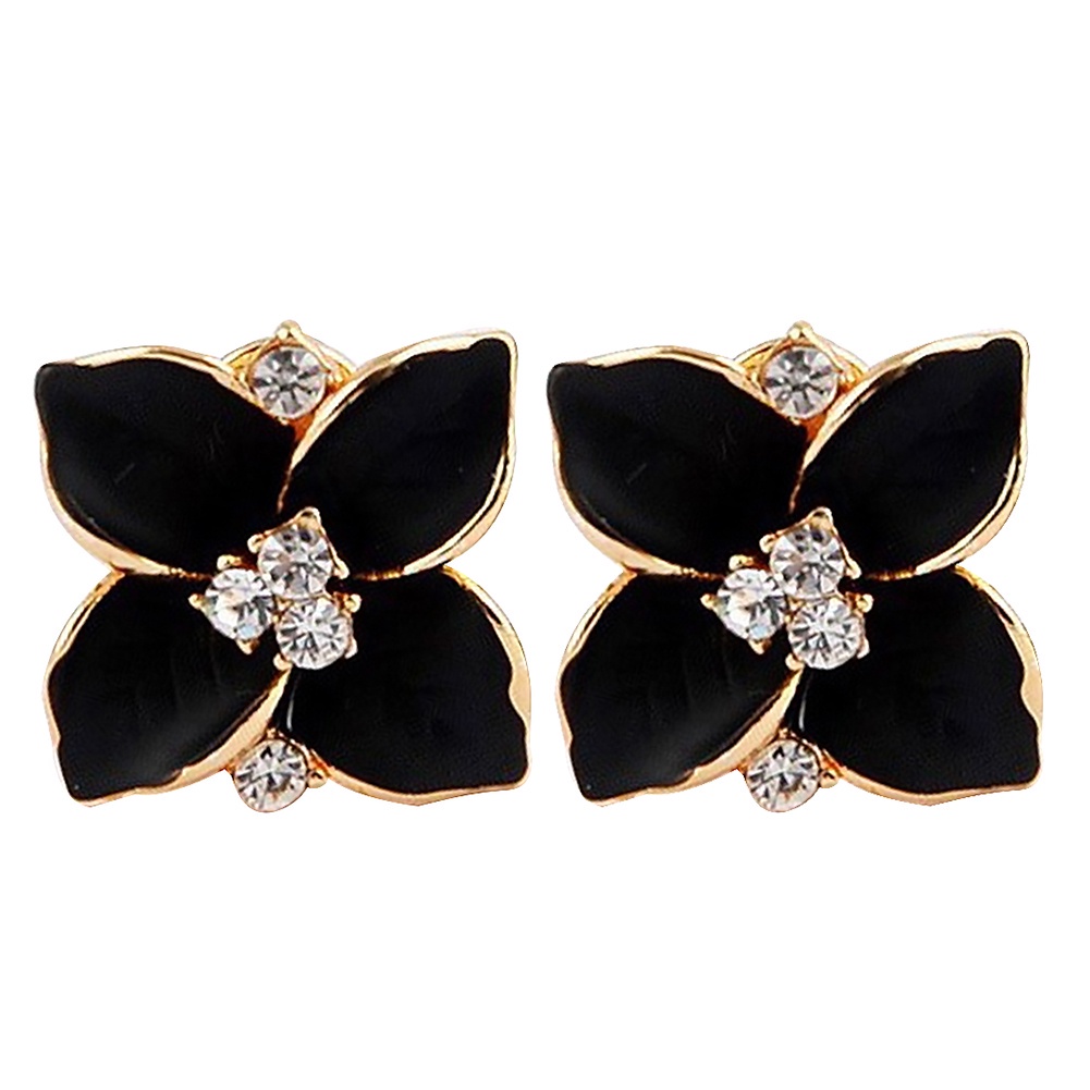 Anting Stud Enamel Bentuk Clover Aksen Berlian Imitasi Untuk Wanita