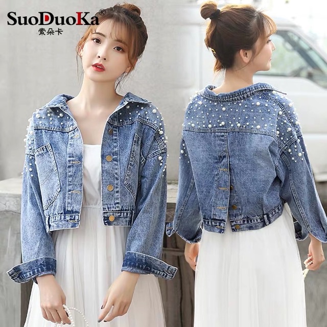 Jaket Jins Korean Style Cardigan Wanita Jacket Jeans Over Size Jaket Jin Cewek  Crop Oversize Mutiar