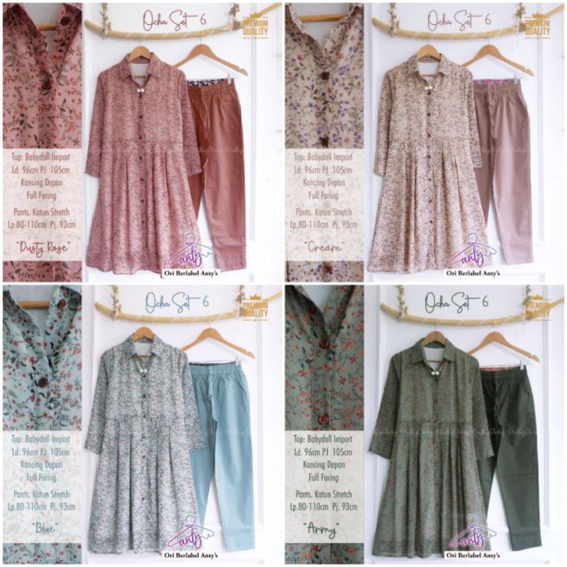 SET BLOUSE CERUTI BABYDOLL MOTIF BUNGA + CELANA KATUN STRETCH POLOS OCHA SET 6 BY ANTY'S
