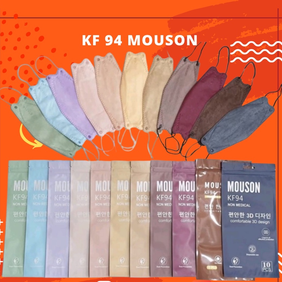 Masker KF94 Mouson Hitam Putih Warna 4 ply Original Emboss Earloop 10 pcs