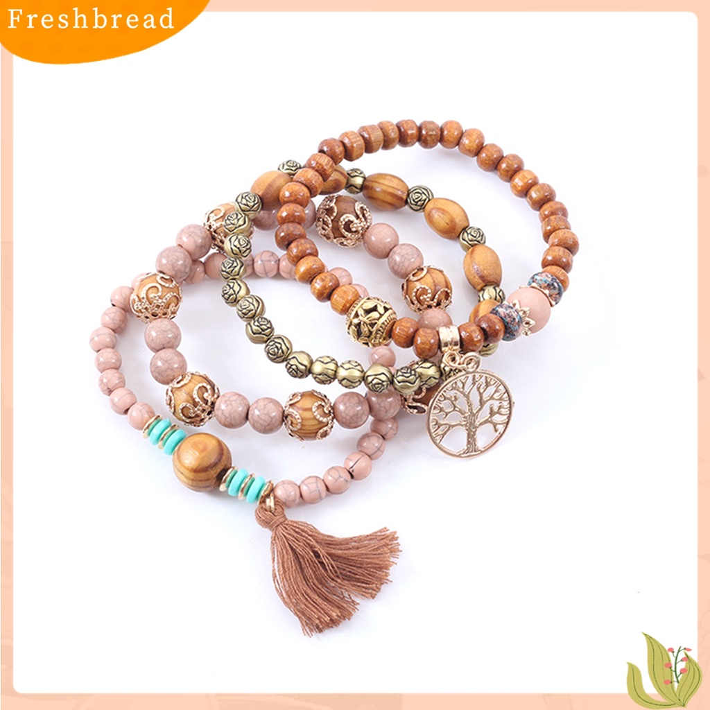 [TERLARIS]4Pcs Unisex Fashion Wooden Beads Tassel Strand Bangle Bracelet Jewelry Gift