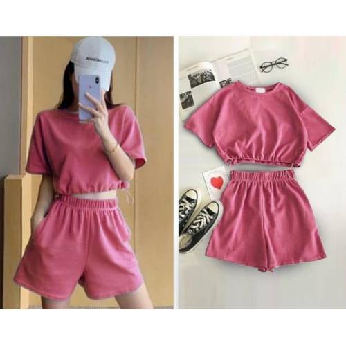 Setelan Kaos Wanita Celana Pendek Baju Santai Wanita Crop