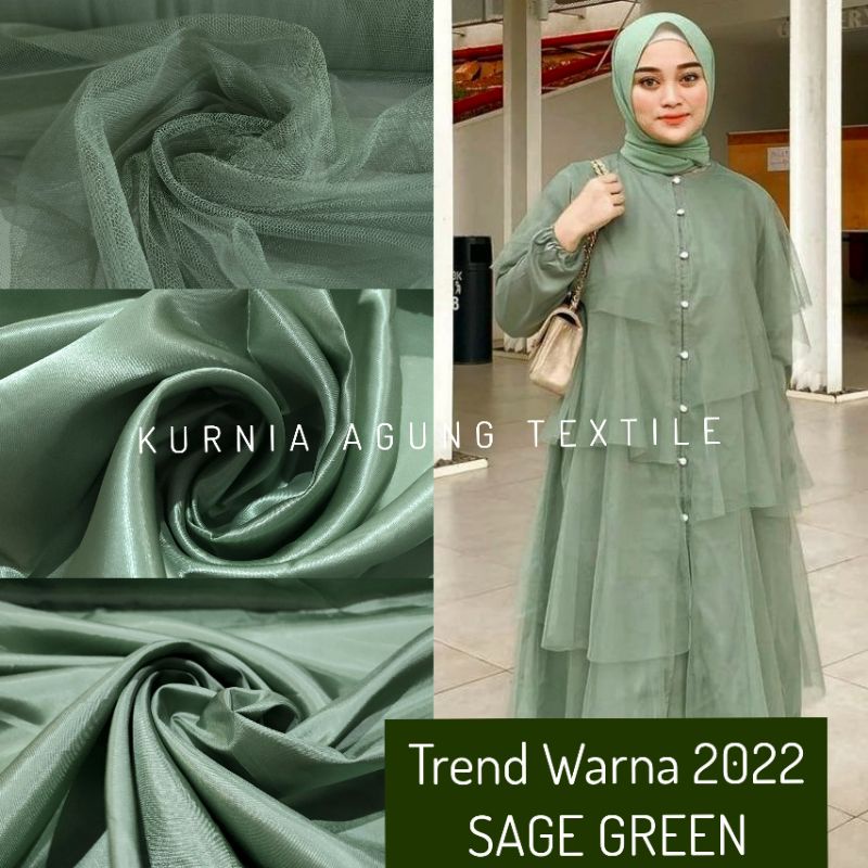 Kain Warna Sage Green Polos Soft Tile Satin Organza Furing Meteran Polos Bahan Gamis Wanita Dress Gaun Pesta per 50 cm
