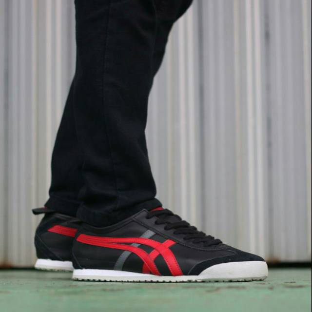 Onitsuka Tiger Mexico 66 Black Hitam Leather Kulit 'Red Dark Grey' Abu Original