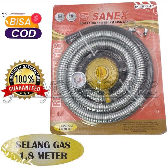 Sanex Paket Selang Flexi 1.8 meter + Regulator Meter /Regulator Kompor Gas / Selang Kompor Gas / Selang Lapisan Anti Bocor /Selang Dan Regulator Kompor Gas / Selang Gas ( Paket Meteran ) + Regulator Gas