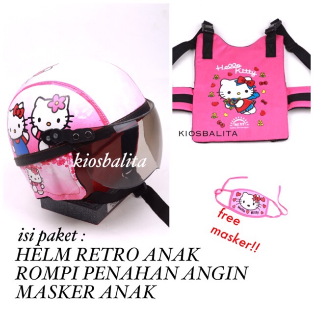 PAKET HELM RETRO ANAK + ROMPI PENAHAN ANGIN MOTOR + MASKER ANAK