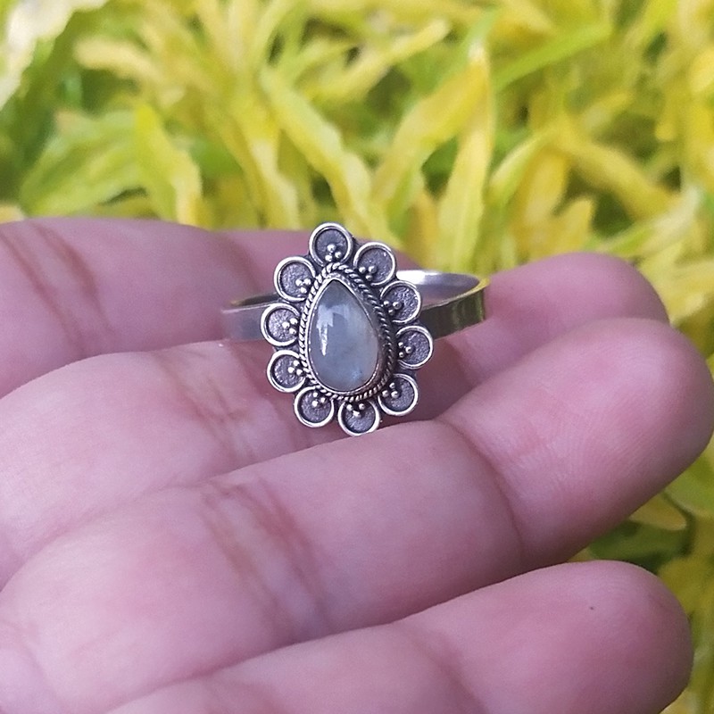 Cincin Ring Perak Silver Bali Asli 925 Ukir Teardrop Permata Batu Akik Moonstone Wanita Keren Elegan
