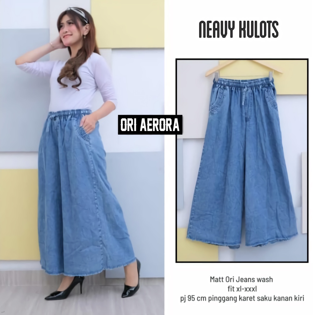 Celana Kulot Jeans Panjang Jins Jens Jumbo Wanita Kekinian Hight Waist Pinggang Karet Bawah Rawis Palazzo Premium Ld 75-120 P 95 Allsize