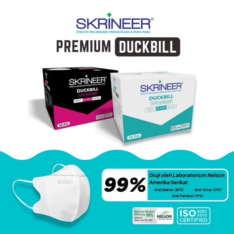 Masker Skrineer Mask Duckbill Black, White 4ply Earloop Box isi 50pcs | masker skrineer premium duck