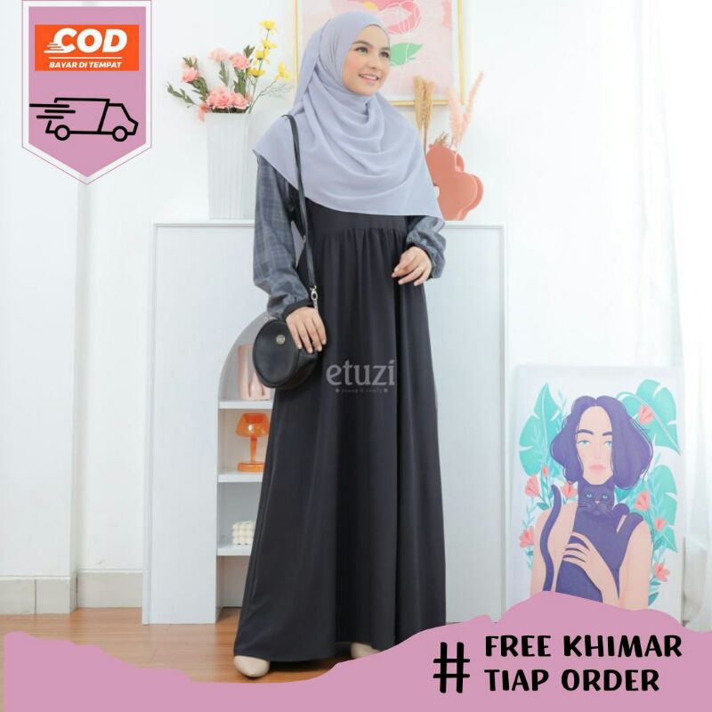 Youna Dress Etuzi Gamis Remaja Mix Kotak Katun Polos Shakila Syaqila