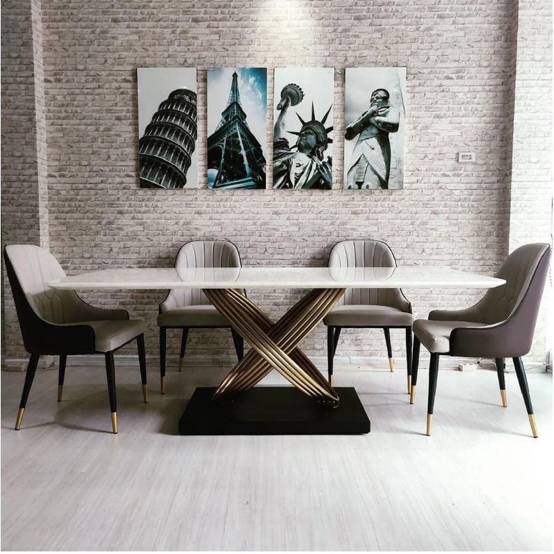 SET MEJA MAKAN STAINLESS DINING TABLE TOP TABLE MARMER 6 KURSI MAKAN STAINLESS