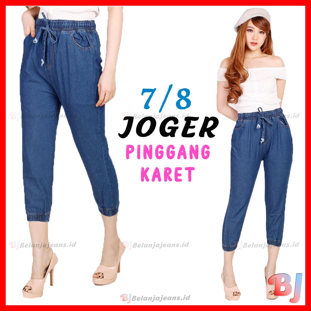[COD] JOGER 7/8 CELANA DENIM BAHAN WANITA LEVIS CEWEK JEANS BIRU MURAH PENDEK PINGGANG KARET JUMBO