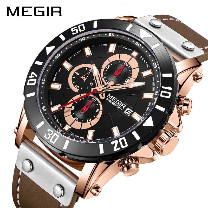 MEGIR 2081 Jam Tangan Pria Analog Chronograph Tali Kulit Luminous WATCHKITE WKOS