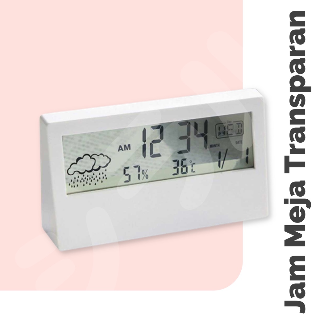 Jam Meja Digital Alarm Aesthetic Termometer Higrometer Kelembaban Suhu Temperatur Transparan