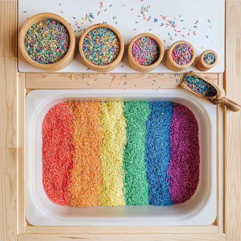 Mainan anak Montessori Sensory Beras warna warni / rainbow rice / rainbow pasta