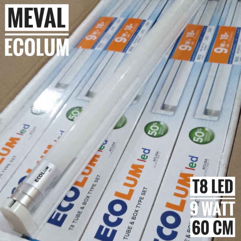 1 Set Lampu TL LED T8 + Kap 9 Watt 9w MEVAL Ecolum 60cm SNI - Putih