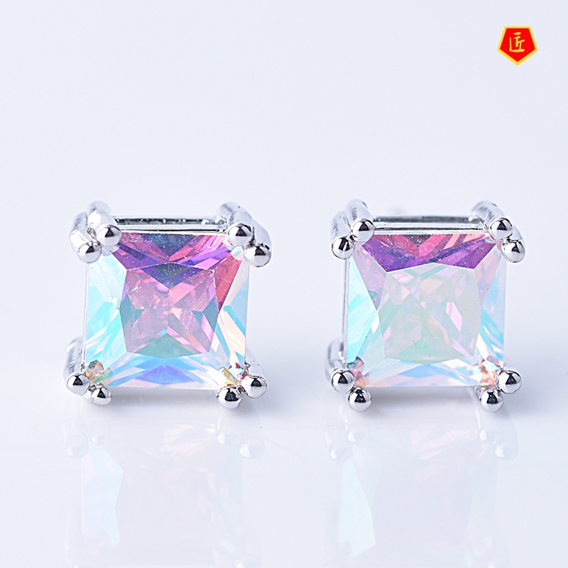 [Ready Stock]Simple Colorful Square Gem Four-Claw Stud Earrings